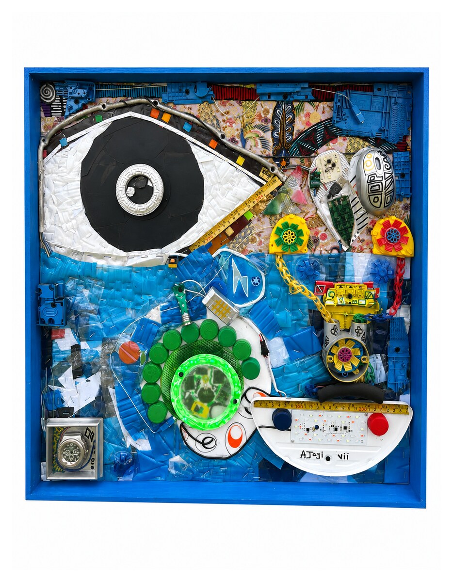 The Watchful Eye — a mixed-media assemblage of an eye built from discarded plastics, electronic components and a damaged watch